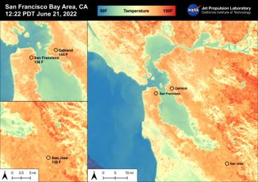 On June 21st, 2022, the San Francisco Bay Area experienced high temperatures as a hot mass of air remained over the region. San Francisco reached 92 degrees Fahrenheit. The Land Surface Temperature at 12:22 PM ranged from 60 to 150 degrees Fahrenheit.