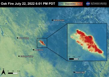 The Oak Fire was captured in an ECOSTRESS Land Surface Temperature image on July 22nd with temperatures exceeding 90 degrees Celsius.