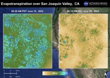 The Central Valley, CA is one of the most productive agricultural regions in the United States. The Evapotranspiration image on the right was captured by ECOSTRESS on June 09, 2022. The image on the left was captured on June 15, 2022.