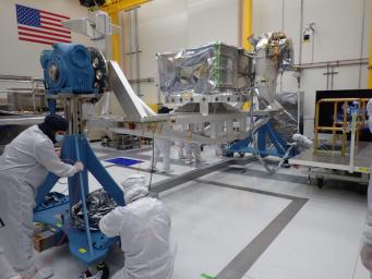 The vault, with nadir deck attached, of NASA's Europa Clipper is prepared to be moved to the High Bay 1 clean room of the Spacecraft Assembly Facility at NASA's Jet Propulsion Laboratory.