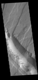 This image from NASA's Mars Odyssey shows part of Claritas Fossae. The linear features (fossae) are graben, a tectonic feature created when blocks of material subside between paired faults.