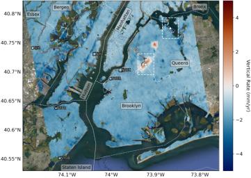 Mapping vertical land motion across the New York City area, researchers found the land sinking by about 0.06 inches (1.6 millimeters) per year on average. They also detected modest uplift in Queens and Brooklyn.
