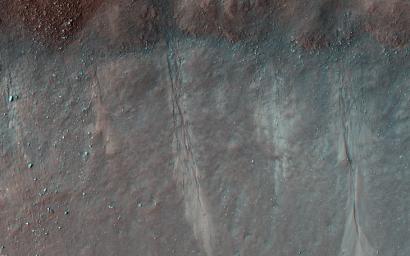 This image acquired on August 28, 2022 by NASA's Mars Reconnaissance Orbiter shows several shallow gully channels with associated debris aprons emanating from a buried layer on the interior of a crater wall.