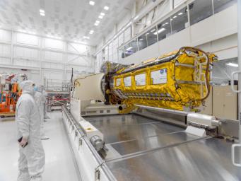 The NISAR science instrument payload sits in a specially designed container in a JPL clean room in late February, 2023. The payload was shipped on March 3 to India, where it will be combined with the satellite body.