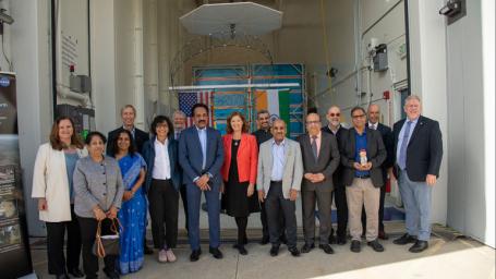 Officials from NASA, ISRO, JPL, and the Indian Embassy held a send-off ceremony before the NISAR science instrument payload is transported to southern India for integration with the spacecraft bus, further testing, and launch in 2024.