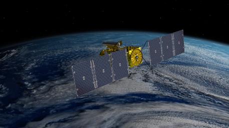 This illustration depicts the Surface Water and Ocean Topography (SWOT) satellite with solar arrays fully deployed.