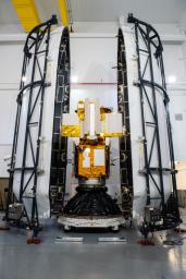 The SWOT water-tracking satellite was encapsulated in its payload fairing on Dec. 8. It will now go atop a SpaceX Falcon 9 rocket in preparation for a launch targeting Dec. 15, 2022.
