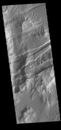 This image from NASA's Mars Odyssey shows linear features which are tectonic graben. These graben are called Sirenum Fossae.