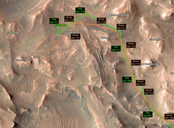 This animation shows the progress of Perseverance Mars Rover and Ingenuity Mars Helicopter as they make their way up the Jezero river delta. The Mars Helicopter's route is depicted in green. The rover's progress is depicted in orange.