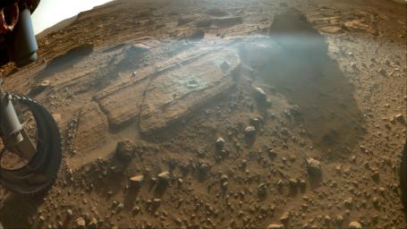 This image shows the rocky outcrop the Perseverance science team calls Berea after the NASA Mars rover extracted a rock core and abraded a circular patch. The image was taken by one of the rover's front hazard cameras on March 30, 2023.