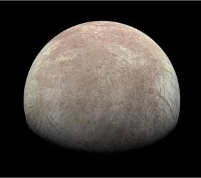 This view of Jupiter's icy moon Europa was captured by JunoCam, the public engagement camera aboard NASA's Juno spacecraft, during the mission's close flyby on Sept. 29, 2022.