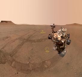 NASA's Perseverance Mars rover took a selfie with nine of the 10 sample tubes it deposited at a sample depot created within an area of Jezero Crater nicknamed Three Forks.