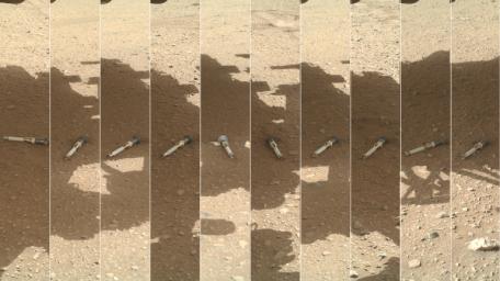 This photomontage shows each of the sample tubes deposited by NASA's Perseverance Mars rover at the Three Forks sample depot, as viewed by the WATSON camera on the end of the rover's robotic arm.