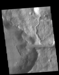 This image from NASA's Mars Odyssey shows two unnamed channels on the western edge of Claritas Fossae.