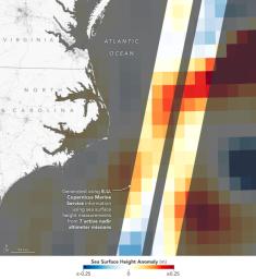 This visualization shows sea surface height measurements of the Gulf Stream off the coast of North Carolina and Virginia. The data was collected on Jan. 21, 2023, by seven satellites currently in operation.