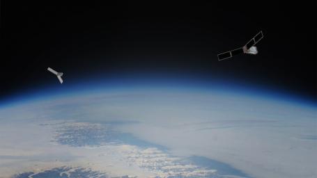 The PREFIRE mission will send two CubeSats – shown as an artist's concept against an image of Earth from orbit – into space to study how much heat the planet absorbs and emits from its polar regions, including the Arctic and Antarctica.