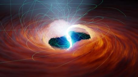 In this illustration of an ultra-luminous X-ray source, two rivers of hot gas are pulled onto the surface of a neutron star. Strong magnetic fields may change the interaction of matter and light, increasing how bright they can become.