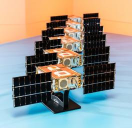 The six satellites that make up NASA's SunRISE mission are each only about the size of a cereal box, flanked by small solar panels. SmallSats will work together to effectively create a much larger radio antenna in space.