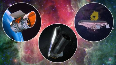 Scientists have been studying the universe with infrared space telescopes for 40 years, including these NASA missions, from left: the Infrared Astronomical Satellite (IRAS); the Spitzer Space Telescope; and the James Webb Space Telescope.