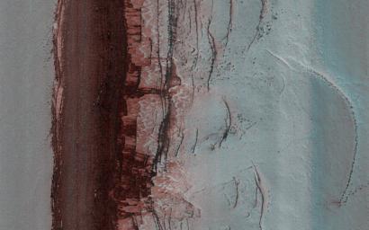 This image acquired on November 22, 2022 by NASA's Mars Reconnaissance Orbiter shows mass wasting activity within a very steep (more than 60 degrees) scarp.