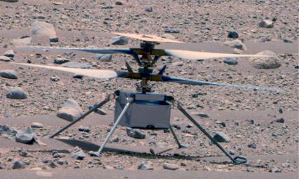 This enhanced color image of NASA's Ingenuity Mars Helicopter was taken by the Mastcam-Z instrument aboard Perseverance on April 16, 2023, the 766th Martian day, or sol, of the rover's mission.