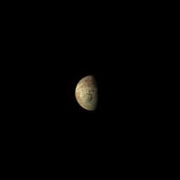 This JunoCam image of the Jovian moon Io was collected during Juno's flyby of the moon on March 1, 2023. At the time of closest approach, Juno was about 32,000 miles (51,500 kilometers) away from Io.