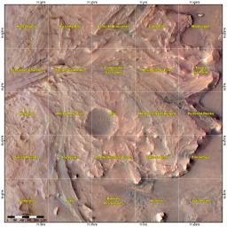 This map shows various quadrant themes in the vicinity of NASA's Perseverance Mars rover, which is currently in the Rocky Mountain quadrant. The rover team chose quadrant themes related to various national parks across Earth.