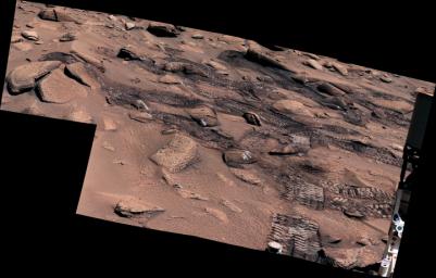 NASA's Curiosity left these tracks after trying multiple times to crest a slippery slope. This mosaic, made up of seven images that were stitched together after being sent back to Earth, was captured by the rover's Mastcam on June 13, 2023.
