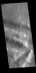 This image from NASA's Mars Odyssey shows northern Terra Sabaea, on the topographic boundary between the highlands of Terra Sabaea and the lower elevations of Utopia Planitia.