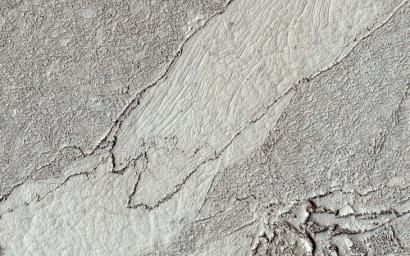 This image acquired on January 3, 2023 by NASA's Mars Reconnaissance Orbiter shows a classic example of platy-ridged lava. Scientists think that this is the same as a lava type called rubbly pahoehoe on Earth.