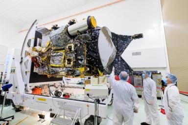 NASA's Psyche spacecraft is shown in a clean room on June 26, 2023, at the Astrotech Space Operations facility near the agency's Kennedy Space Center in Florida.