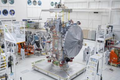 NASA's Europa Clipper spacecraft boasts its new 10-foot (3-meter) high-gain antenna, after its Aug. 14, 2023 installation, in High Bay 1 of the Spacecraft Assembly Facility at the agency's Jet Propulsion Laboratory.