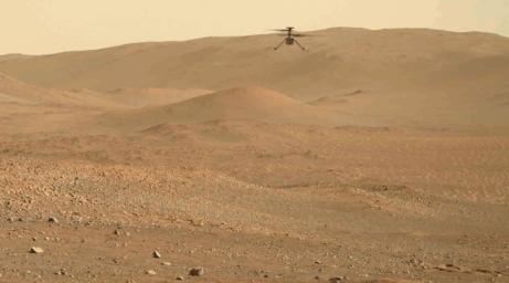 NASA's Perseverance Mars rover captured this video of the Ingenuity Mars Helicopter's 54th flight on Aug. 3, 2023.