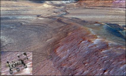 NASA's Curiosity Mars rover is depicted in this 3D rendering of Gediz Vallis Ridge that was created using science data and imagery captured from space by the agency's Mars Reconnaissance Orbiter.