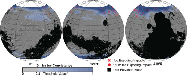 These Mars global maps show the likely distribution of water ice buried within the upper 3 feet (1 meter) of the planet's surface and represent the latest data from the SWIM project.
