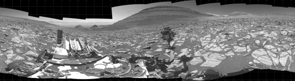 NASA's Curiosity Mars rover captured this 360-degree panorama using its black-and-white navigation cameras, or Navcams, at a location where it collected a sample from a rock nicknamed Sequoia. The panorama was captured on Oct. 21 and 26, 2023.