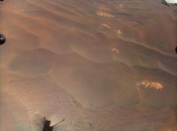 NASA's Ingenuity Mars helicopter captured this view of its footprints during Flight 66 on Nov. 3, 2023. The helicopter was being repositioned to the spot where it will spend several weeks during Mars solar conjunction.