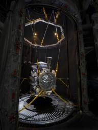 Europa Clipper is seen in the 85-Foot Space Simulator at JPL in February, 2024, before the start of thermal vacuum testing. A battery of tests ensures that the NASA spacecraft can withstand the extreme hot, cold, and airless environment of space.