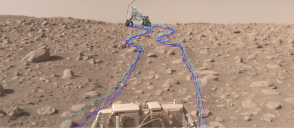 This composite image, acquired June 29, 2023 and annotated at JPL using visualization software, shows Perseverance's path through a dense section of boulders.