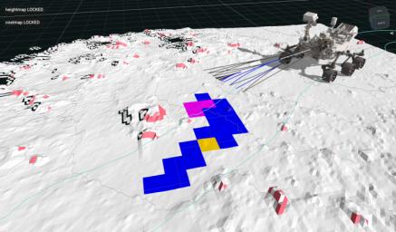 Made with data recorded by NASA's Perseverance during a July 15, 2023 autonomous drive, this animation shows how the rover used AutoNav to maneuver around the 14-inch (35-centimeter) rock at center-left.