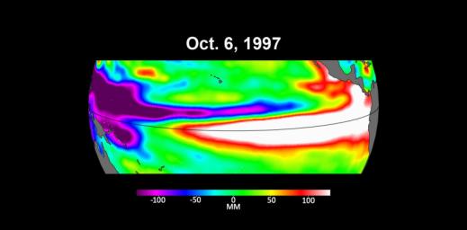 The maps in the animation show sea levels in the Pacific Ocean during early October of 1997, 2015, and 2023, in the run up to El Niño events.