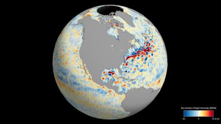 This animation shows global sea level data collected by the Surface Water and Ocean Topography satellite from July 26 to Aug. 16, 2023.