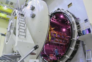 The NISAR satellite enters the thermal vacuum chamber at an ISRO facility in Bengaluru on Oct. 19, 2023.