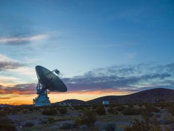This sunset photo shows NASA's Deep Space Station 14 (DSS-14), the 230-foot-wide (70-meter) antenna at the Goldstone Deep Space Communications Complex near Barstow, California.
