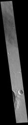 This image from NASA's Mars Odyssey shows the western flank of Ceraunius Tholus.