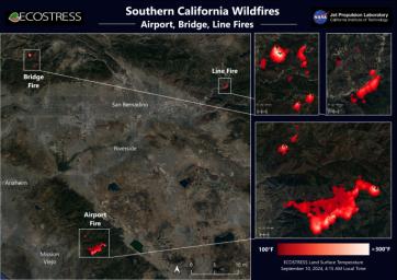 Data from NASA's ECOSTRESS instrument aboard the International Space Station shows three wildfires burning in the mountains east and southeast of the Los Angeles area on Sept. 10, 2024.