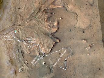 The path taken by NASA's Perseverance Mars rover during the first 1,000 sols of its mission at Jezero Crater is annotated on this overhead view taken by the HiRISE camera aboard the agency's Mars Reconnaissance Orbiter.
