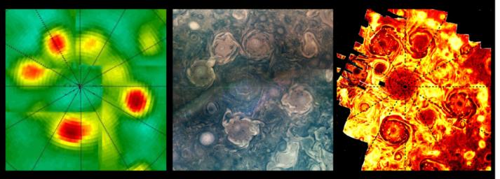 This composite shows views of Jupiter's northern polar cyclones in three different wavelengths of light – microwave, visible, and ultraviolet – as captured by NASA's Juno mission.