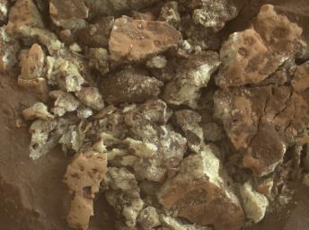 These sulfur crystals were found inside a rock after NASA's Curiosity Mars rover happened to drive over it and crush it on May 30, 2024.