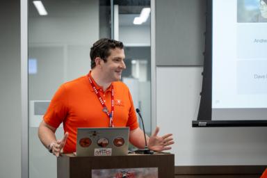 Teddy Tzanetos, project manager for NASA's Ingenuity Mars Helicopter, addresses members of the team during their final shift at the agency's Jet Propulsion Laboratory on April 16, 2024.